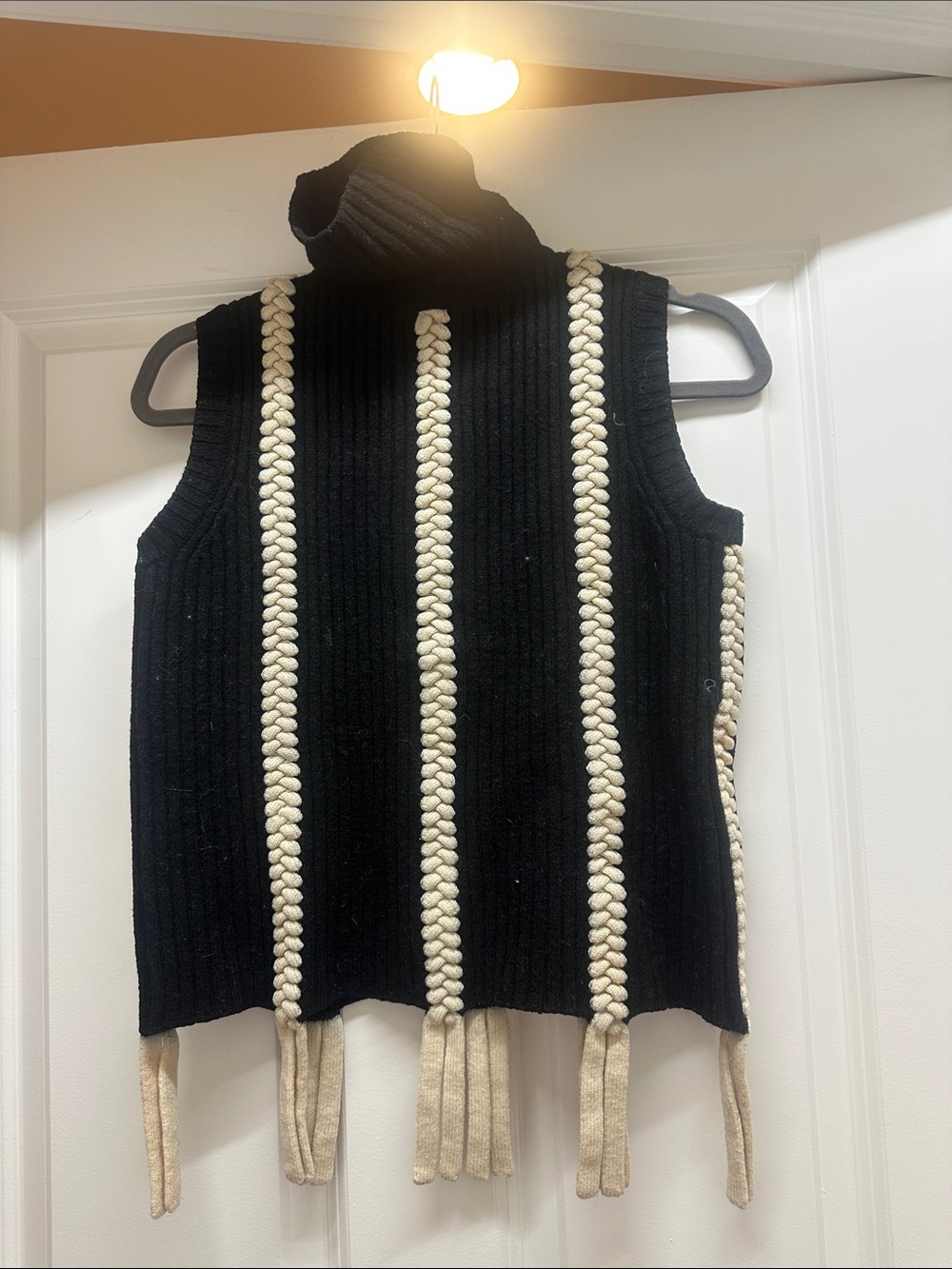 10 Crosby Derek Lam Black Turtleneck Sweater with Cream Tassel Stripes - sz xs